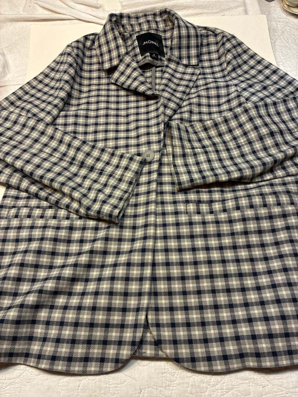 Monki Plaid Blazer Size XS Grey Navy Check